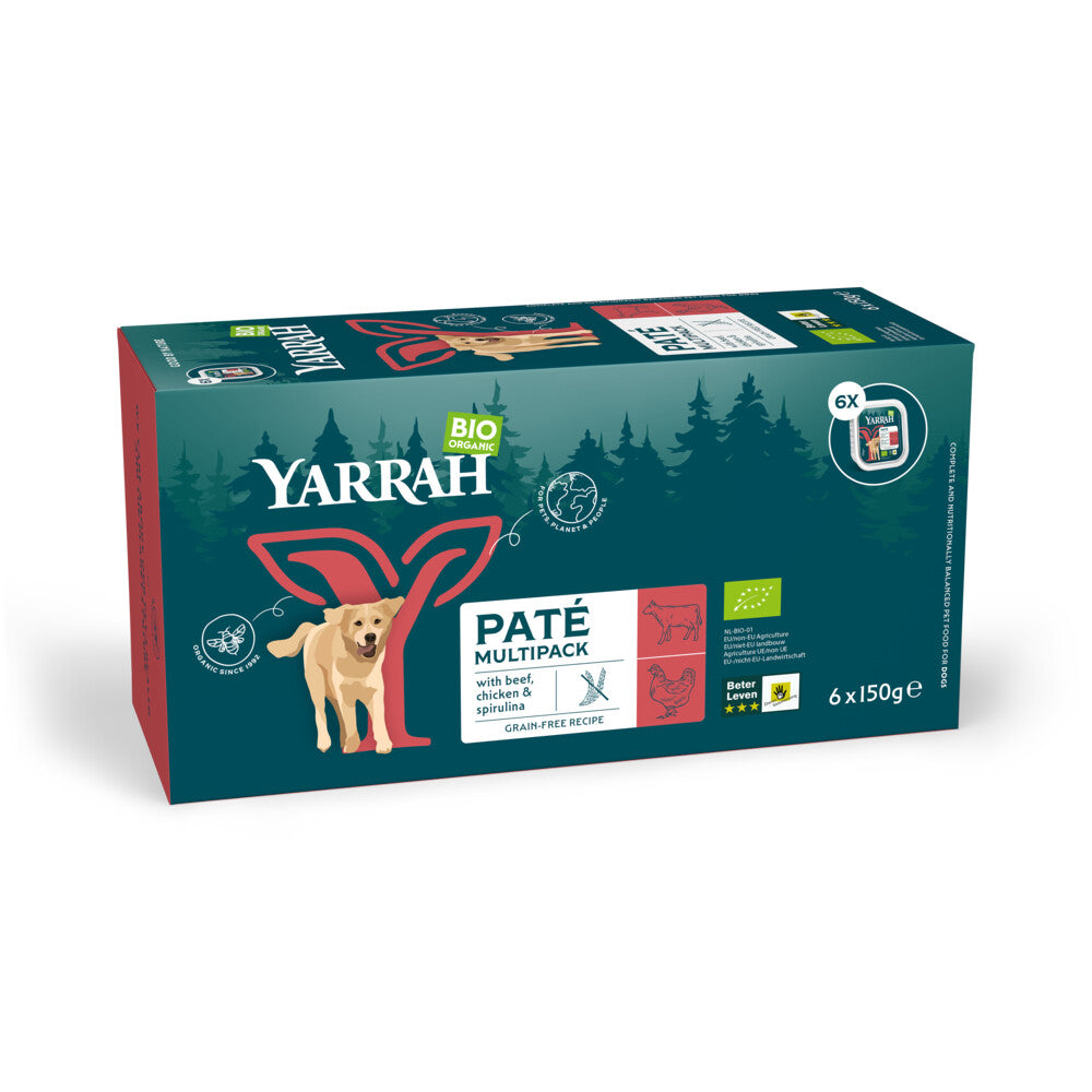  4x Yarrah Bio Hondenvoer Multipack Paté Graanvrij Rund - Kip